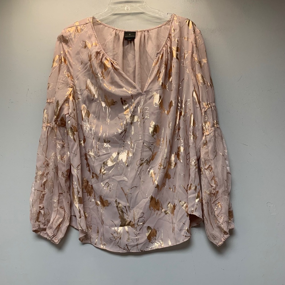 Worthington Blouse Womens XXL Pink Rose Gold Metallic Floral Excellent Ruffle